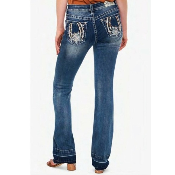 Grace in LA Women's Western Horseshoe Rose Embroidered Bootcut Stretch Jeans 27 - Picture 4 of 11